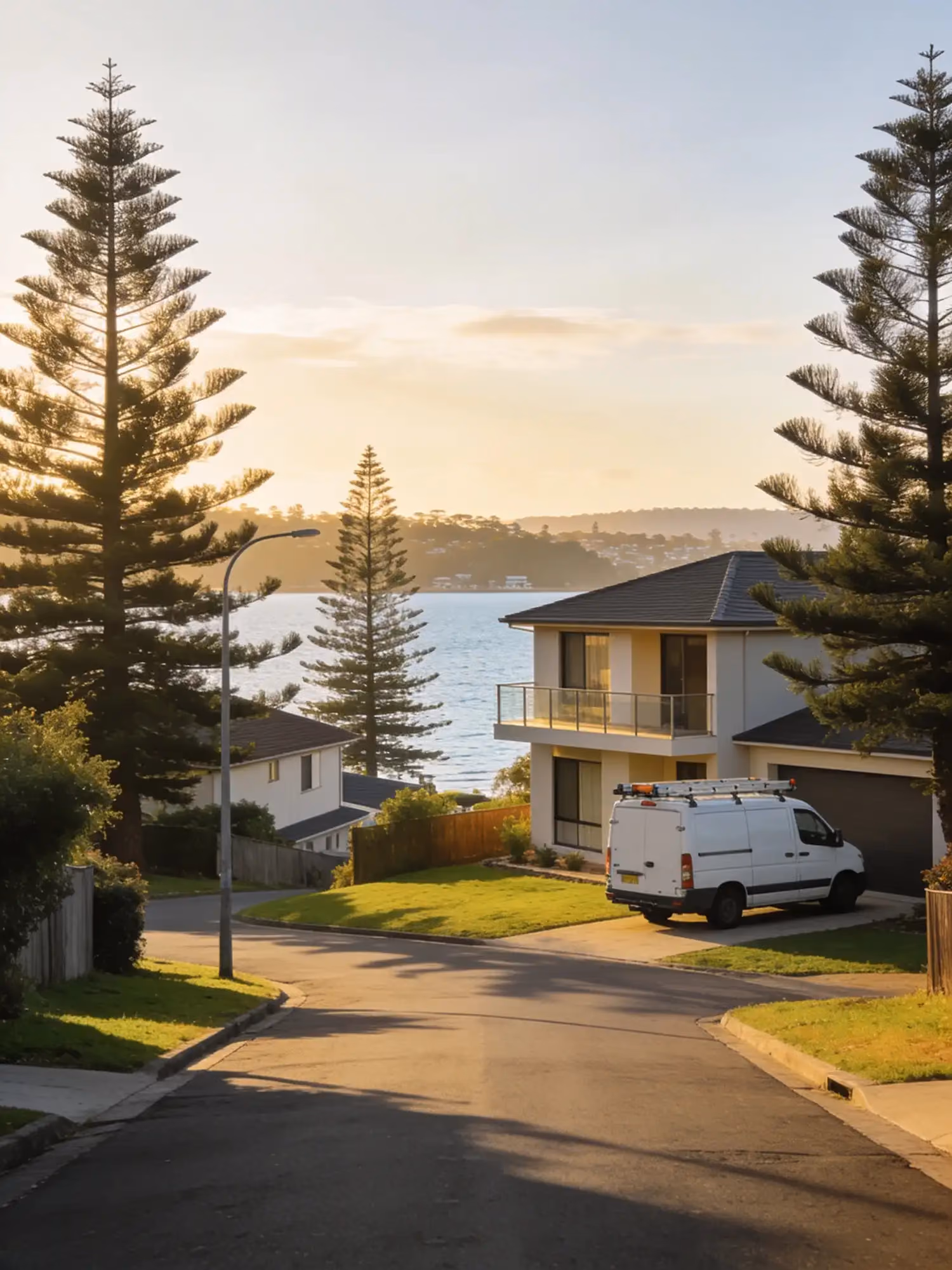 Norfolk pines along a street running down to the lake, a white work van in a driveway