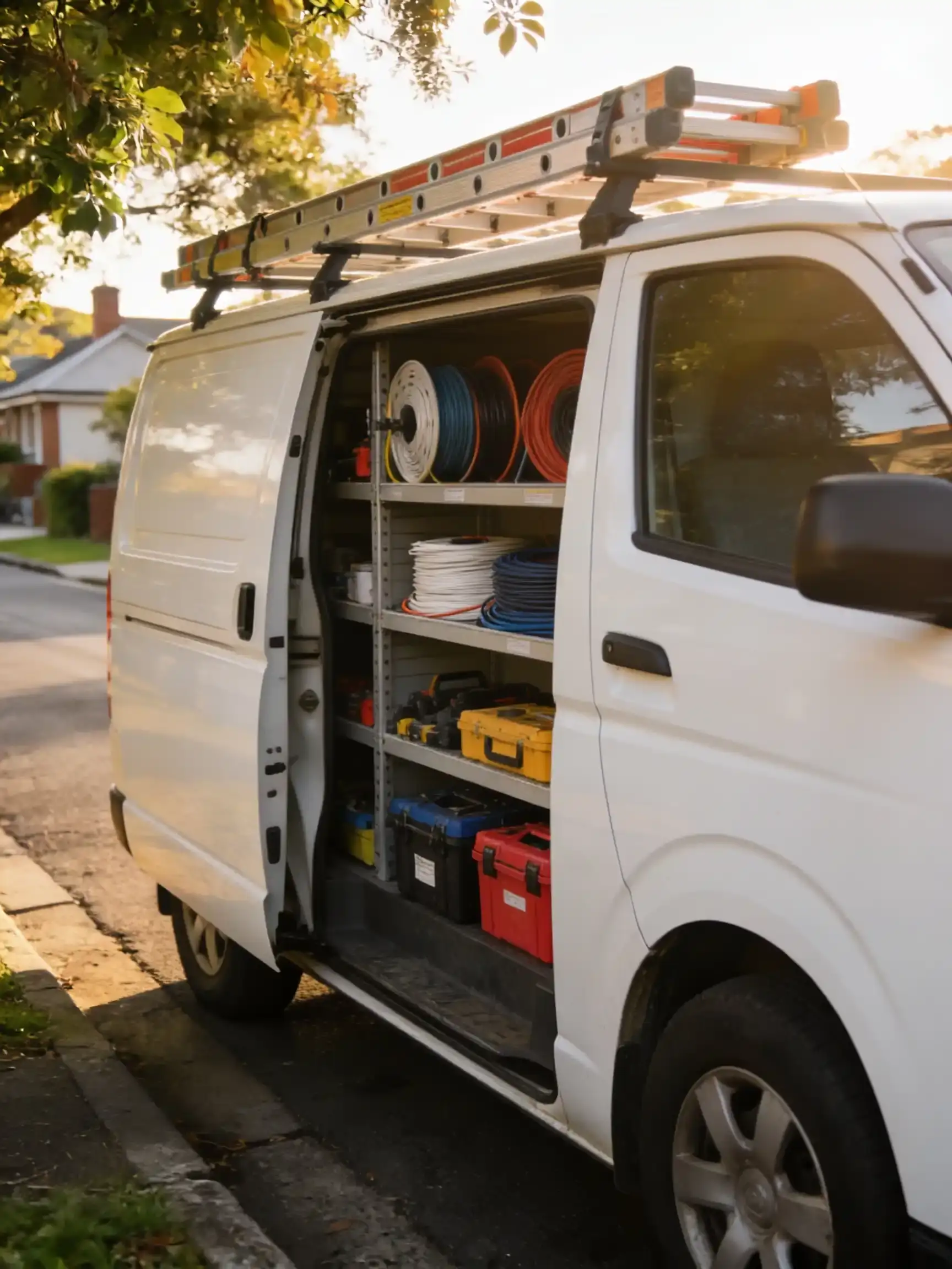 A white work van with its side door open, shelves of cable reels and tool cases inside, a ladder on the roof racks