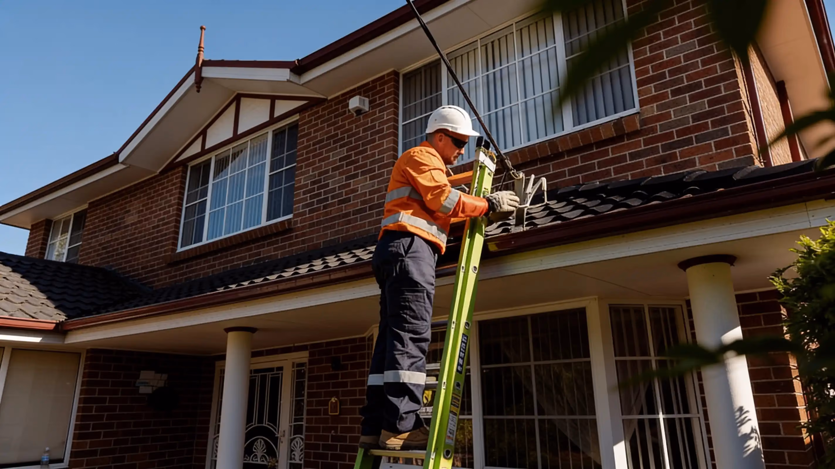 An electrician in hi-vis and a hard hat on a ladder at the roofline of a two-storey brick house, working on the overhead service line