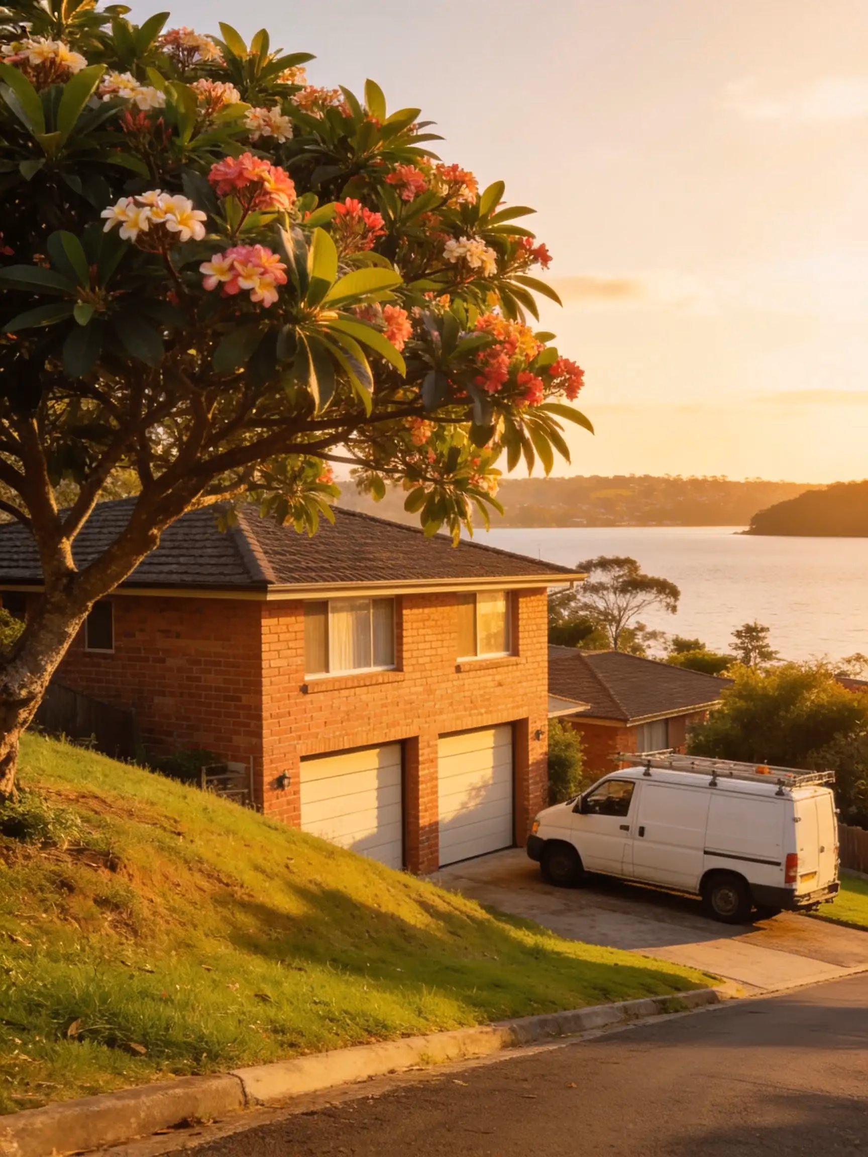 A brick home with a double garage on a hillside street, a frangipani in flower and a white work van, the lake below